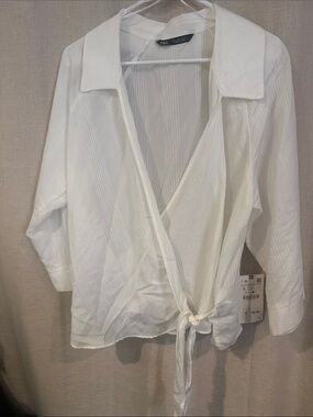 Zara White Textured Wrap Tie-Front Blouse